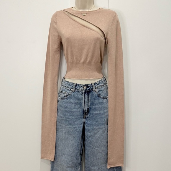 H:ours Jacklyn Sweater Cutout Mesh Cropped Neutral Tan Small Revolve Chic Edgy - Picture 3 of 11